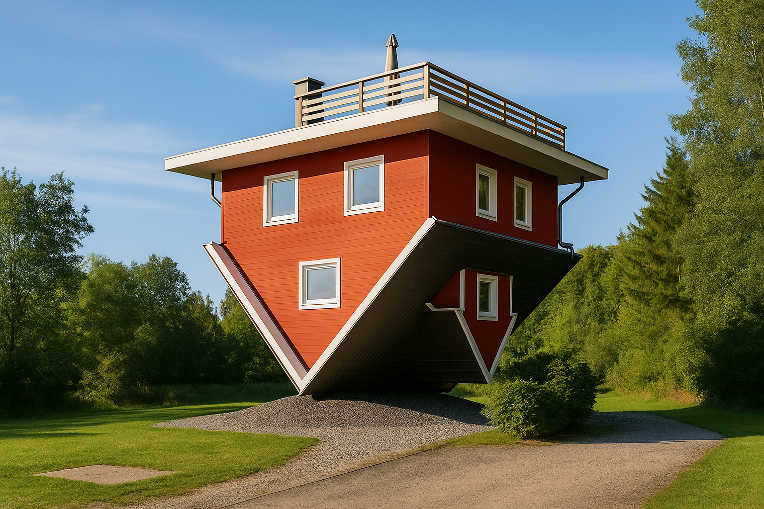 Upside-Down House in Trassenheide, Germany, with the roof on the ground and windows and furniture appearing inverted, surroun