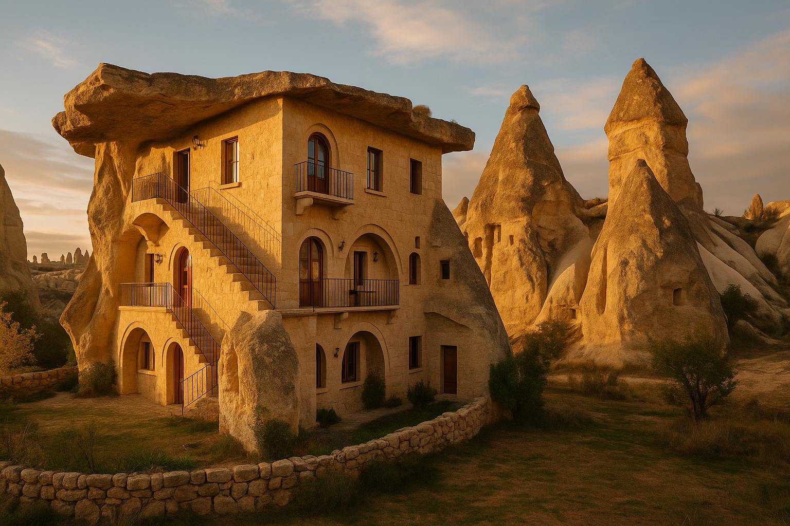  image of a cave hotel built into the rock formations of Cappadocia, Turkey, with stone-carved architecture, desert terrain, 