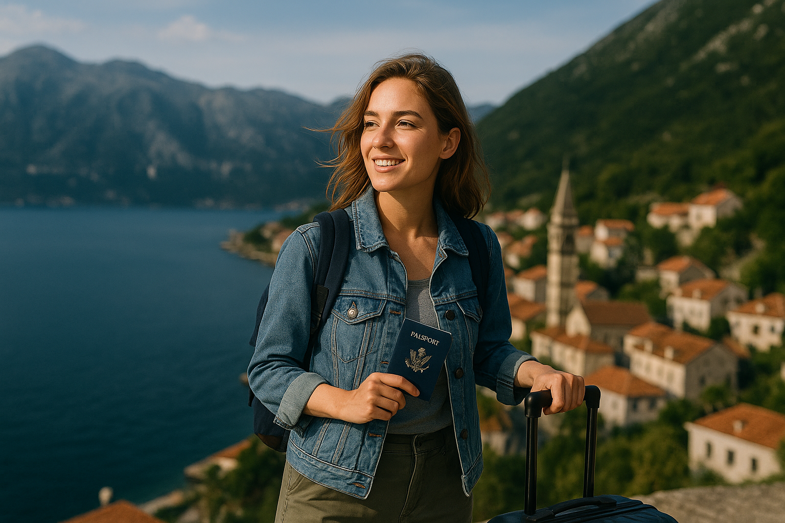 A young woman standing on a scenic hillside overlooking a coastal European village, smiling while holding a U.S. passport and