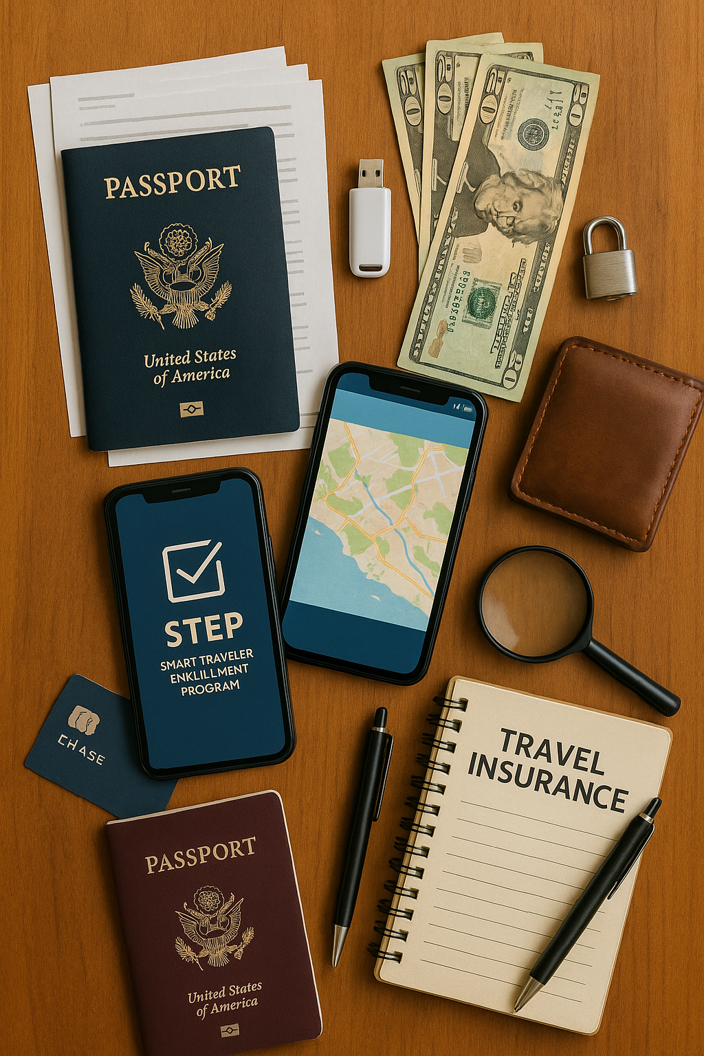 A photo-realistic flat lay of essential pre-trip safety items on a wooden surface. Includes a U.S. passport on top of printed
