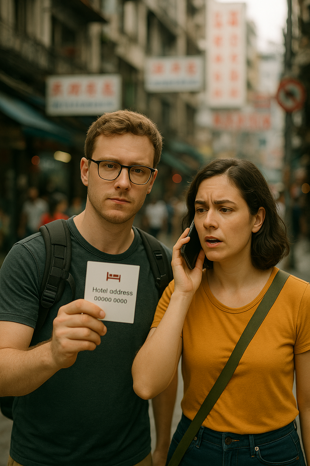Two travelers stand on a busy city street. The man, wearing glasses and a dark green shirt with a backpack, holds up a hotel