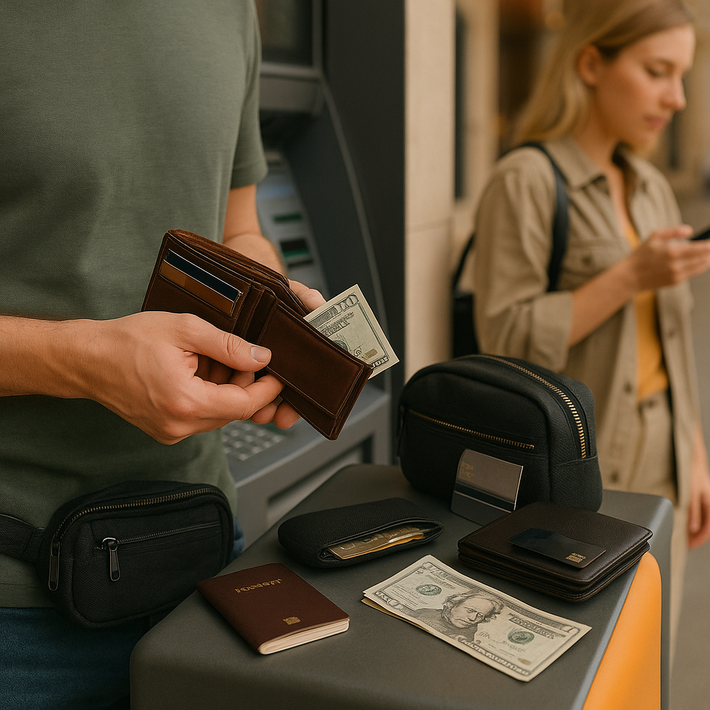 A man stands at an indoor ATM holding an open brown wallet with visible cash and cards. A black money pouch is strapped aroun