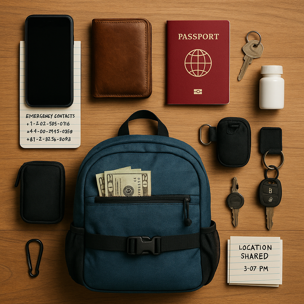 A neatly arranged flat lay of emergency travel essentials on a wooden surface. Items include a smartphone on a notepad labele