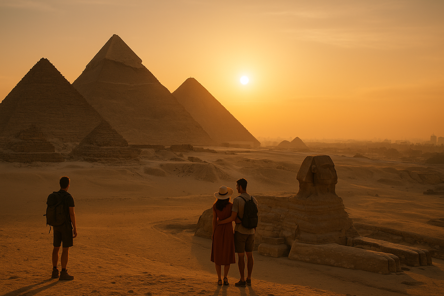 Golden hour view of the Great Pyramids of Giza and Sphinx with travelers watching the sunset — perfect visual for a Cairo and