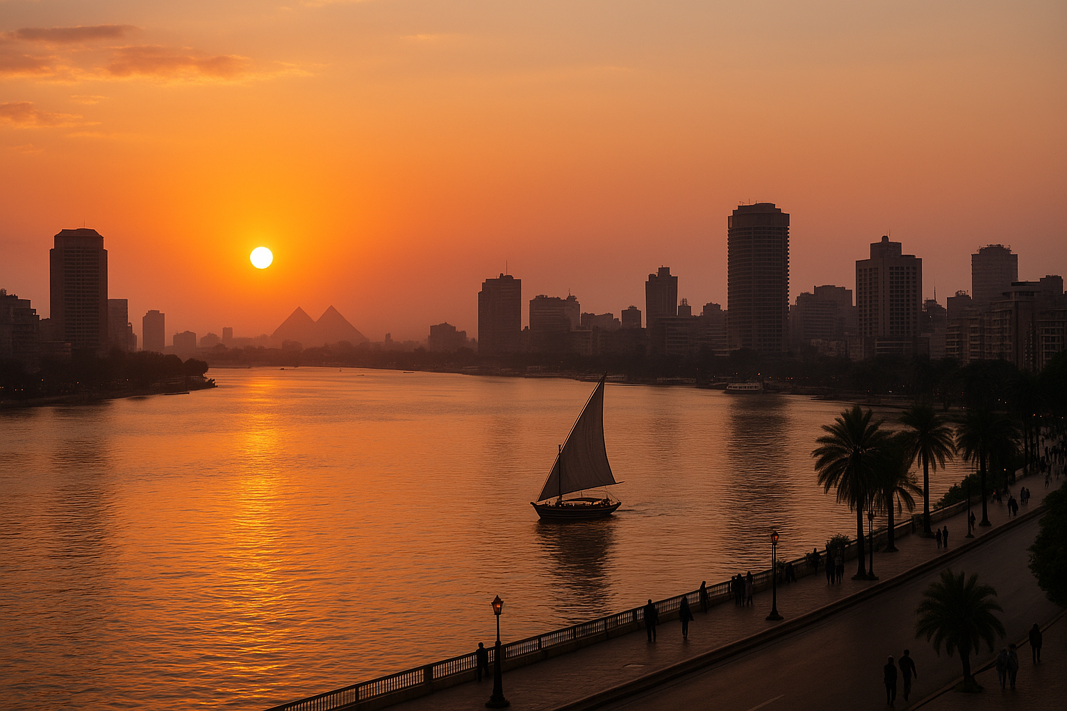 Sunset over Cairo skyline with felucca on the Nile River — perfect visual for a budget travel guide to Cairo, Egypt.