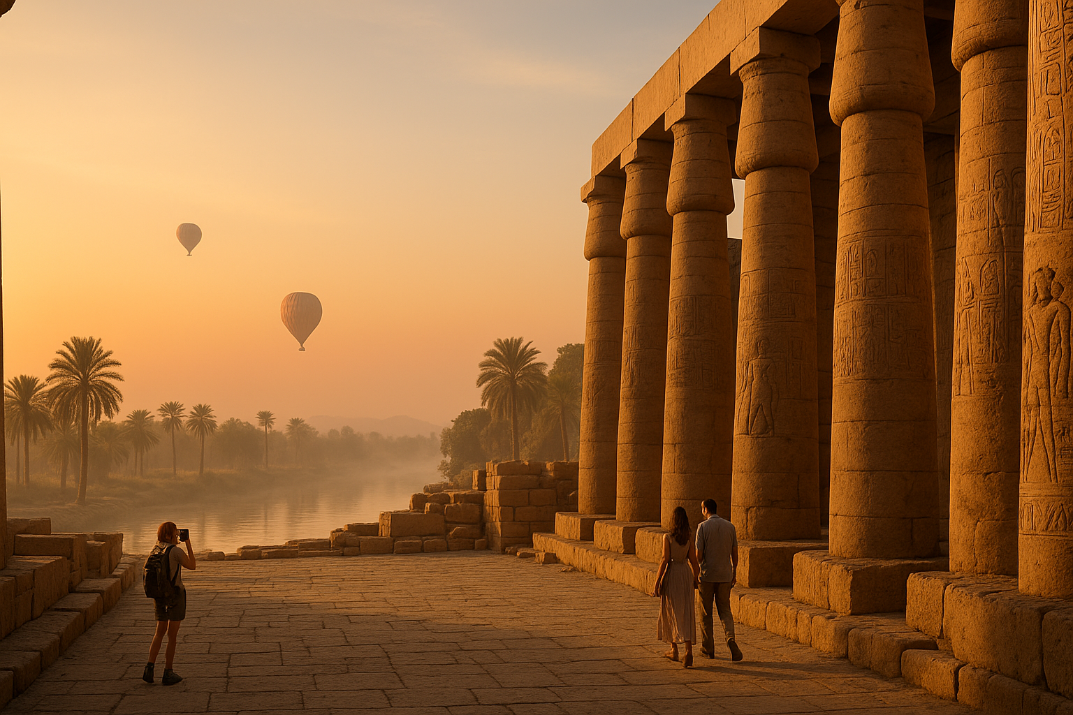Sunrise view of Karnak Temple and hot air balloons over Luxor, Egypt — perfect visual for a budget travel guide to Luxor’s te