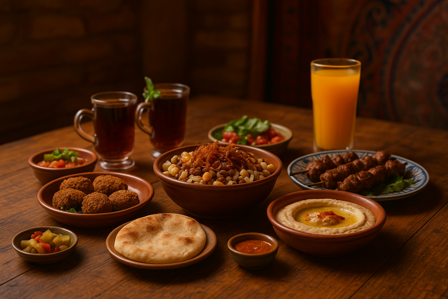 Authentic Egyptian meal with koshari, falafel, hummus, and drinks — perfect visual for a Cairo and Luxor budget travel food g