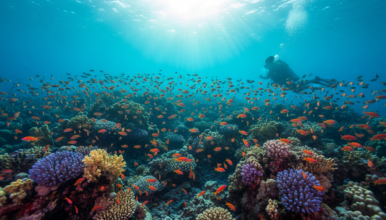 Scuba diver over vibrant Red Sea coral reef as colorful fish swarm in crystal-clear water with sunbeams above.