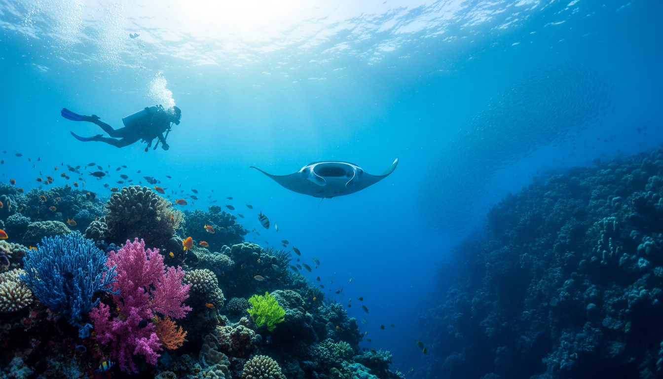Scuba diver over vibrant coral reef as a manta ray glides through sunlit blue water.