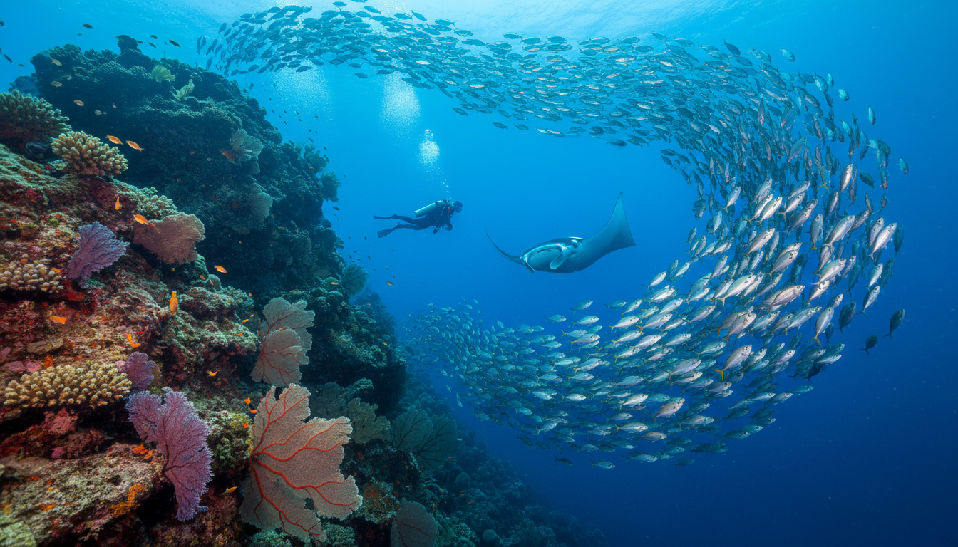 Scuba diver drift-diving in Komodo past a reef pinnacle as a manta ray glides through clear blue water.