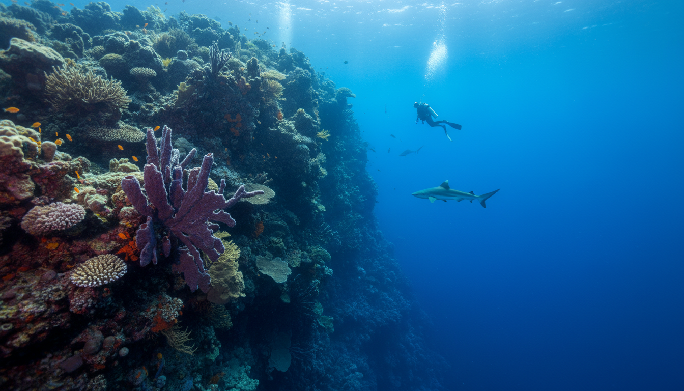 Scuba diver beside Tubbataha’s pristine coral wall with reef sharks cruising in clear deep blue water.