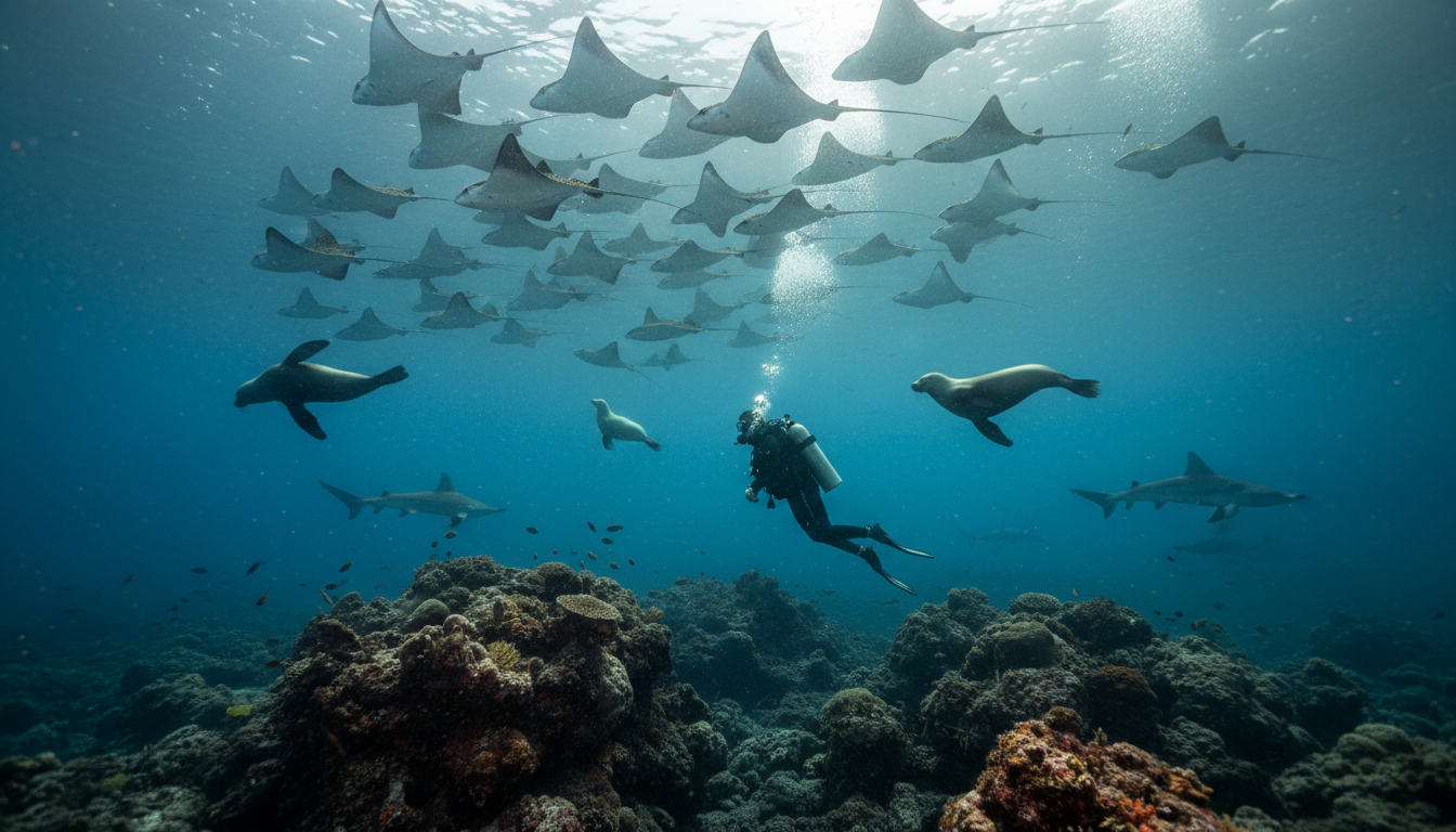 Scuba diver near Galápagos volcanic rocks as sea lions dart past and hammerhead sharks cruise in cool blue water.