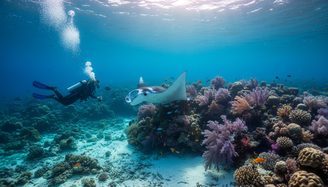 Scuba diver in the Maldives watching a manta ray circle a coral cleaning station in clear blue lagoon water.