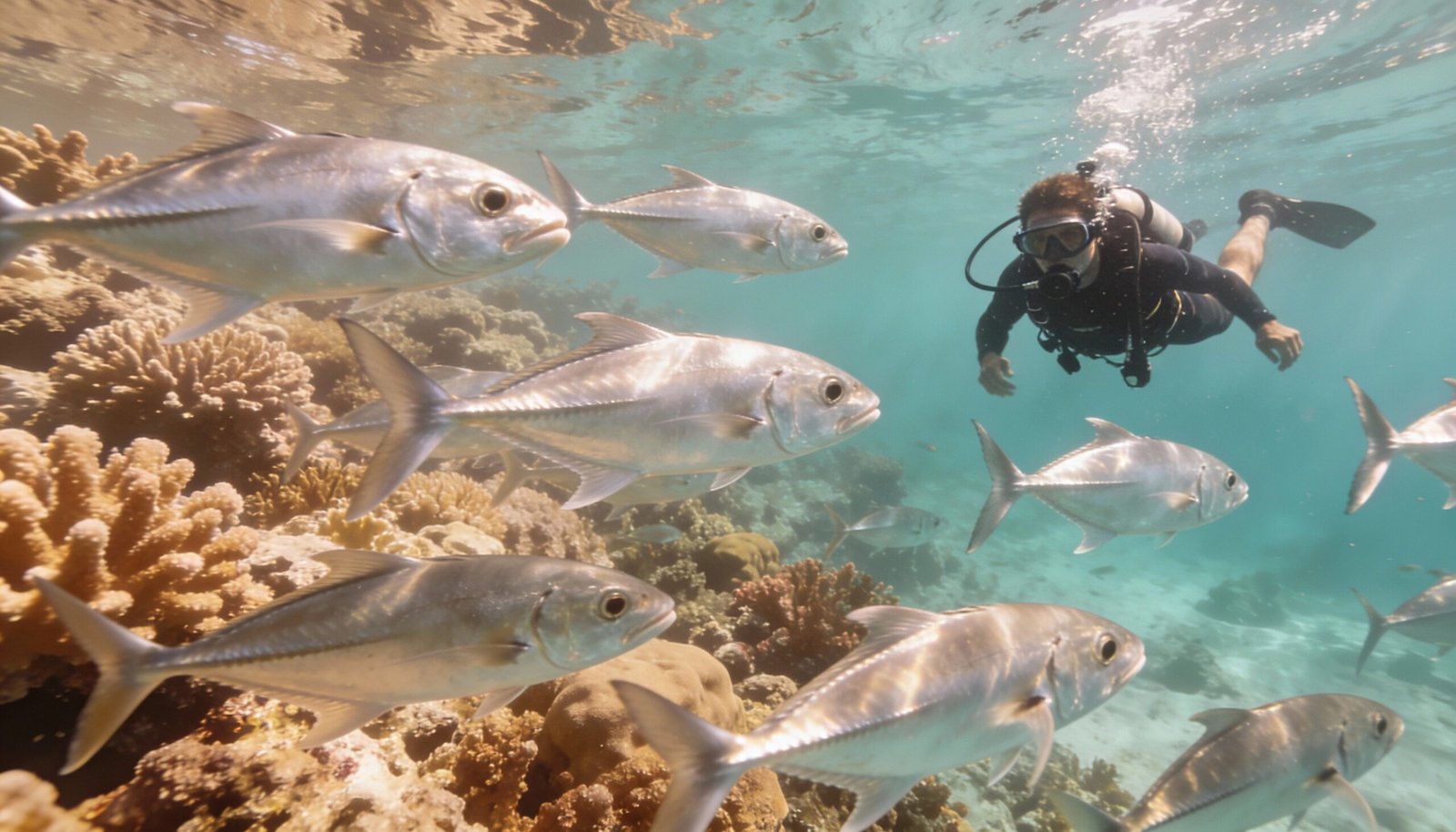 Scuba diver near Sipadan reef as a swirling barracuda tornado forms overhead and sea turtles glide below.