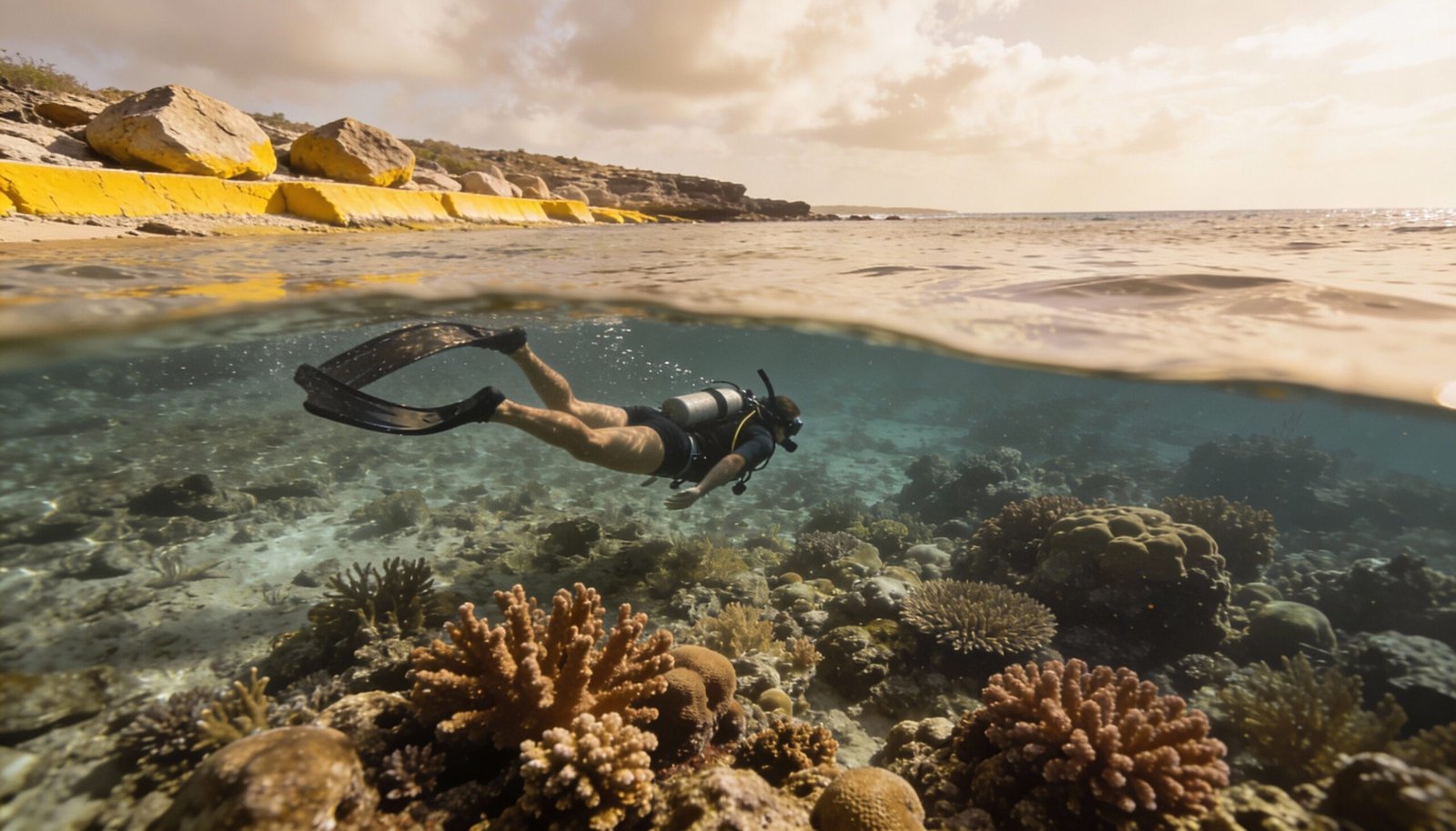 Scuba diver shore diving in Bonaire over a shallow coral reef slope in calm, crystal-clear turquoise water.