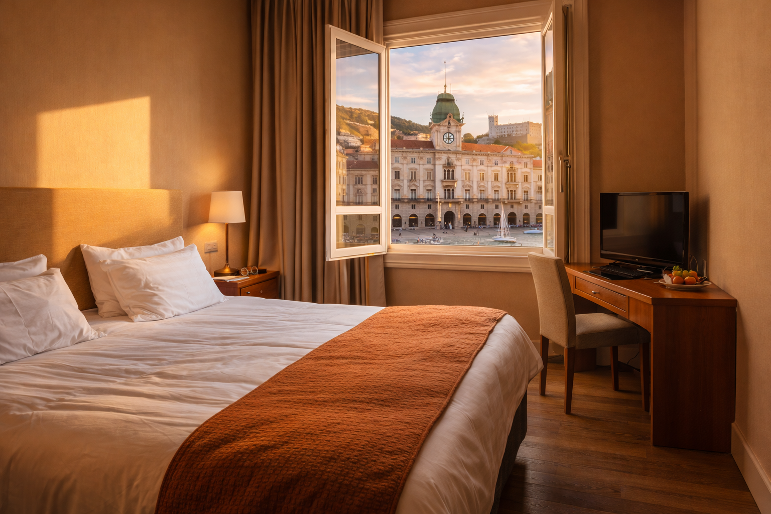 Budget-friendly hotel room with warm sunlight, cozy bed and desk, and an open window view over a European waterfront square