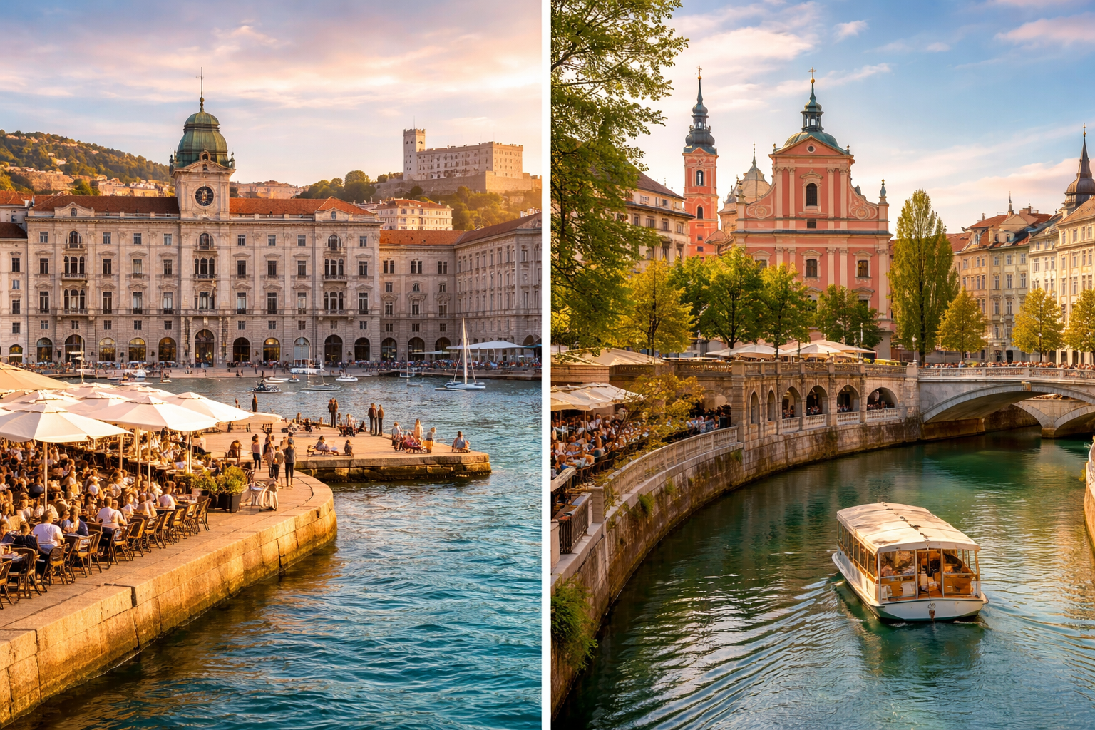 Trieste waterfront piazza and Ljubljana riverfront old town at golden hour, a crowd-free Venice alternative vibe collage