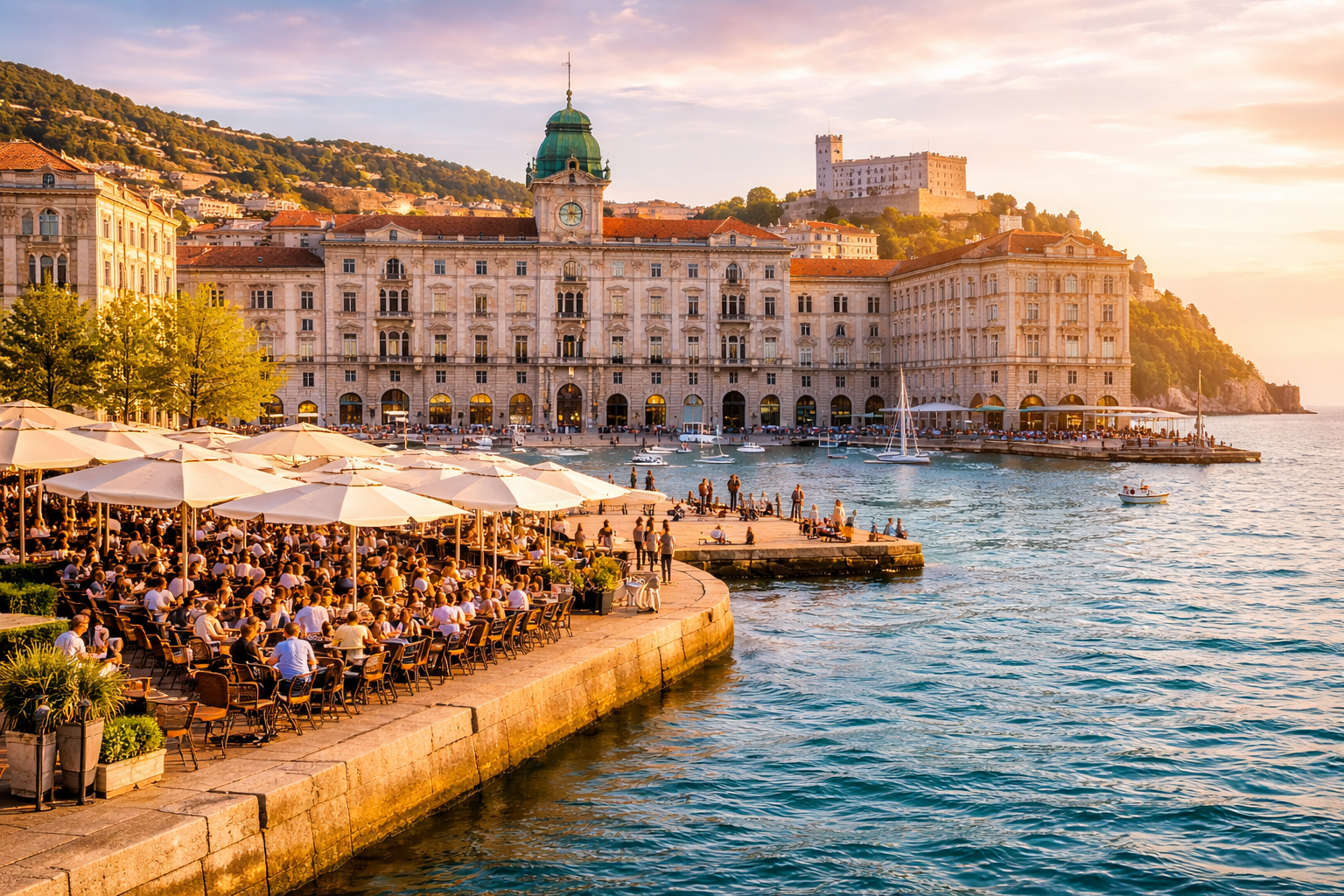 Trieste’s Piazza Unità d’Italia waterfront at golden hour, elegant historic buildings, café umbrellas, and Adriatic Sea views