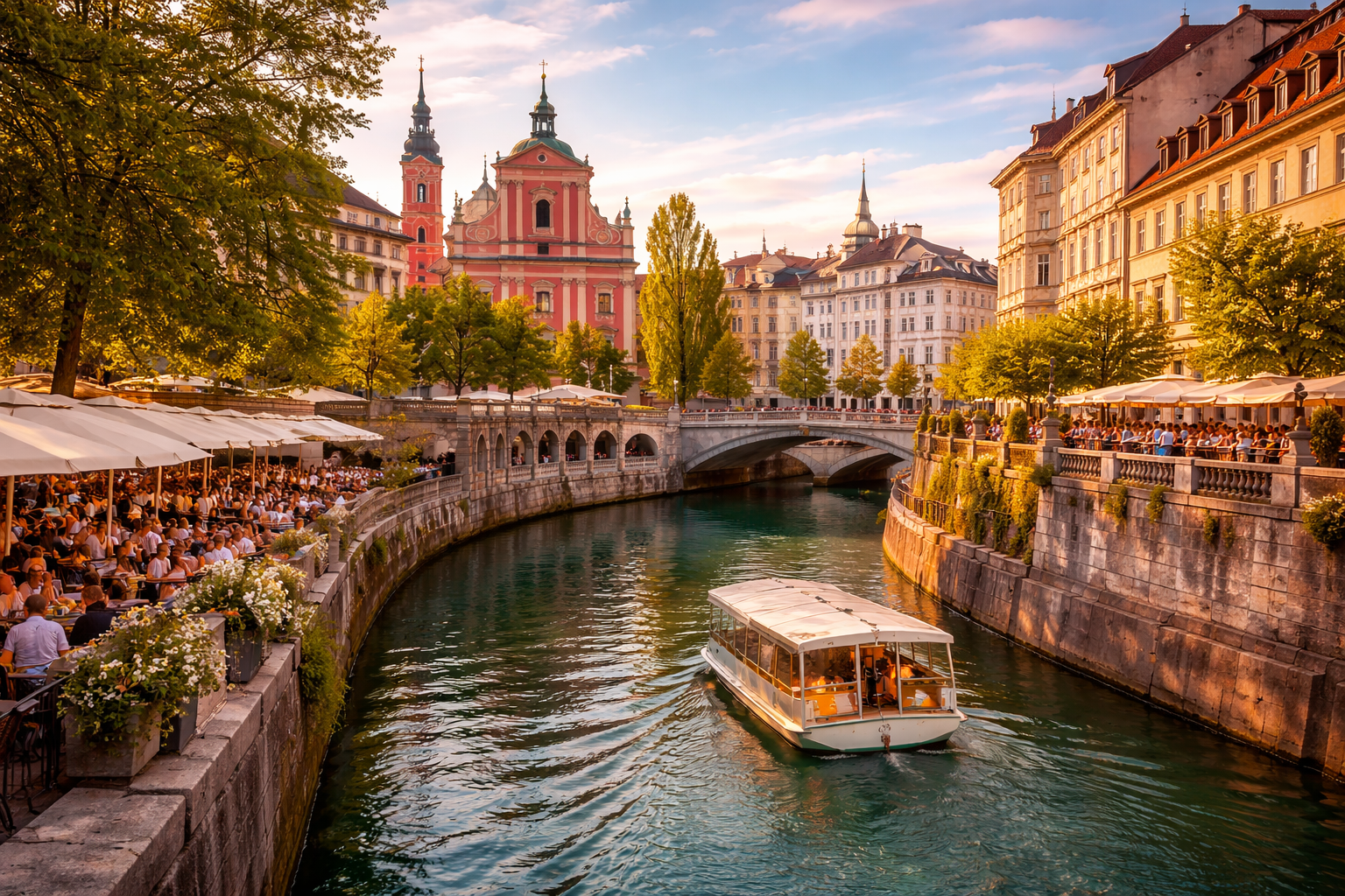 Ljubljana’s Ljubljanica River at sunset with riverside cafés, pastel old town buildings, bridges, and a riverboat cruise